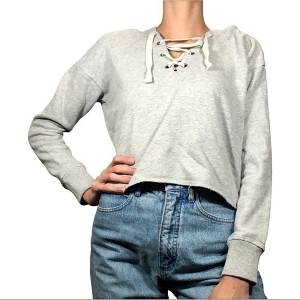 Aerie Women’s Heather Grey Raw Hem Lace Up Front Crop Top Hoodie Pullover
